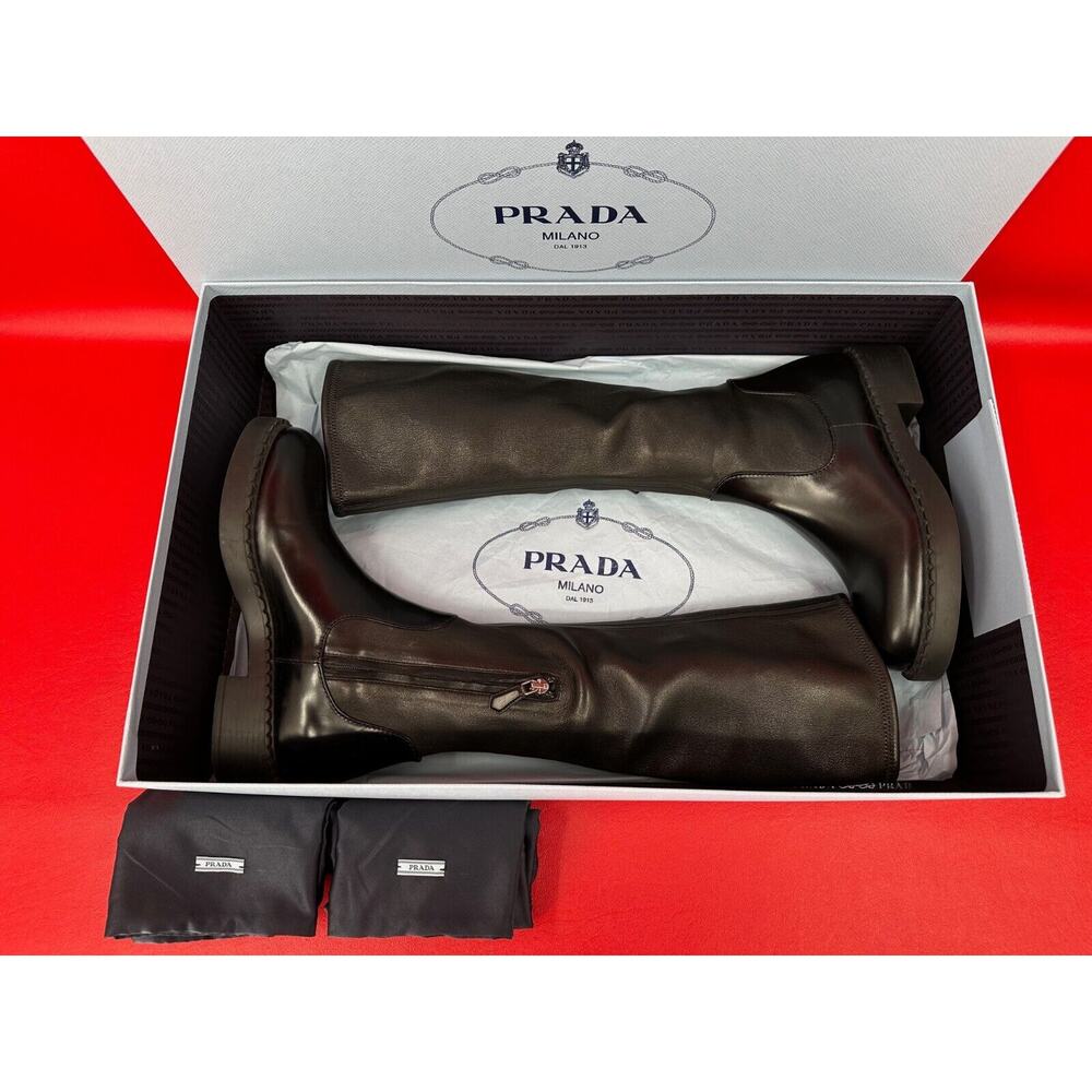 Prada Knee High Black Nappa Leather Stretch Moto Boots Size 36 1/2 Made Italy - Picture 4 of 15